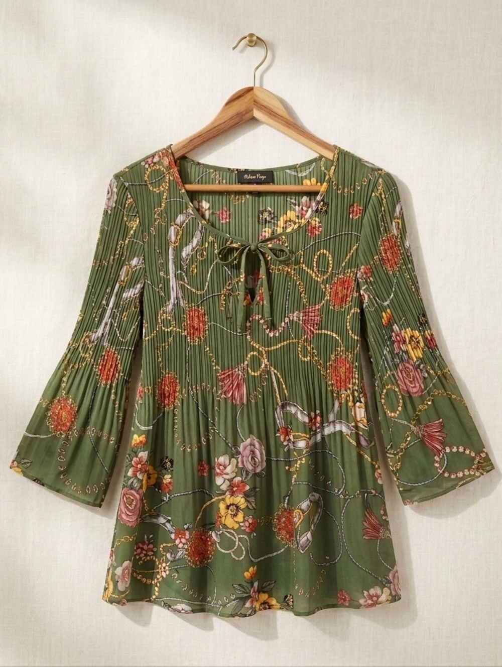 MELISSA PAIGE Floral Print Green Women's Tie Front Peasant Top Blouse Size M
